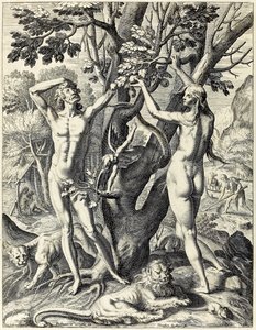 Adam en Eva in de Tuin van Eden door Theodore de Bry